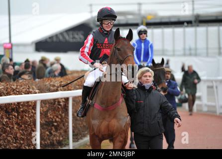 Quarta gara l'Albert Bartlett Clarence House Chase. Funambule Sivola guidato da Charlie Deutsch fa la sua strada per il corso Horse Racing a Chel Foto Stock