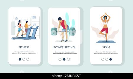 Modelli vettoriali per schermate di onboarding dell'app mobile gym Illustrazione Vettoriale