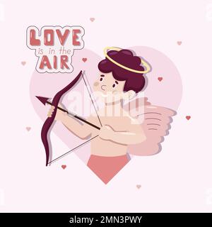 Carino cartoon biglietto di auguri vettore con poco Cupido tiro dalla prua in un cuore. Personaggio Angel. Concetto di San Valentino. Illustrazione Vettoriale