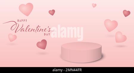 Buon San Valentino con podio vuoto per la presentazione dei prodotti e palloncini a cuore rosa che galleggiano su sfondo rosa. Biglietto di auguri per San Valentino. Foto Stock