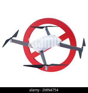 Nessun segno zona drone con sfondo bianco 3D rendering. Sono vietati i voli con drone. Foto Stock