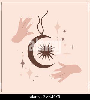 Witchcraft, Magic Sun e Crescent Talisman per streghe e maghi.Wicca e tradizione pagana.Vector collezione vintage,boho style.esoterics element.N Foto Stock