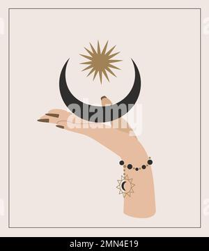 Donna che tiene misteriosa magia Sole e Crescent Talisman.Wicca,pagan Tradition.Vector collezione vintage,boho style.esoterics element.Space Cele Foto Stock