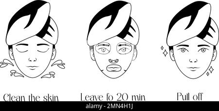 Set di icone di istruzioni per la maschera facciale. Guida dettagliata all'applicazione della maschera foglio. Bella ragazza con asciugamano sulla testa lavaggio viso, idratante. Illustrazione Vettoriale