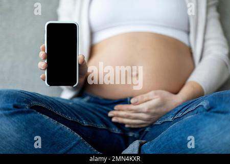 Donna incinta irriconoscibile che mostra uno smartphone vuoto e abbraccia Belly a casa Foto Stock