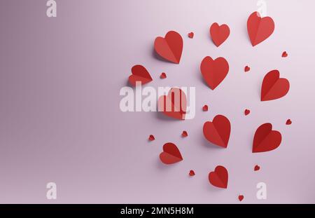 Forme di cuore rosso su uno sfondo rosa, San Valentino o sfondo concetto di matrimonio, rendering 3D Foto Stock
