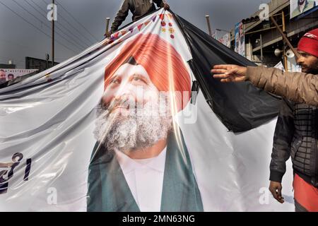 Punjab, India. 12th Jan, 2023. LUDHIANA, PB - GENNAIO 12: Un'immagine di campagna di Rahul Gandhi, leader del Congresso è stata presa da agenti di partito in un raduno a Samrala Chowk, Ludhiana, Punjab, Gennaio 12 2023. Il rally fa parte di Bharat Jodo Yatra, un 3.500km marzo che Rahul Gandhi e i membri del partito camminano da Kanyakumari in Tamil Nadu a Jammu e Kashmir.(Photo by Elke Scholiers/Sipa USA) Credit: Sipa USA/Alamy Live News Foto Stock