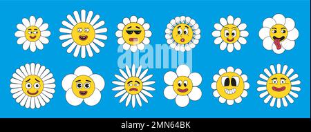 Vettore set Crasy, grovy hippie 70s, 60s, 50s. Pianta carattere con mascotte. mems pazzo di occhi e bocche. Emozioni tristi e felici . Fumetto divertente Illustrazione Vettoriale