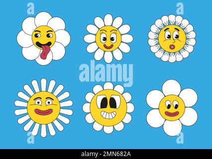 Vettore set Crasy, grovy hippie 70s, 60s, 50s. Pianta carattere con mascotte. mems pazzo di occhi e bocche. Emozioni tristi e felici . Fumetto divertente Illustrazione Vettoriale