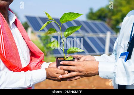 Primo piano scatto di agricoltore che dà pianta di albero a banchiere di fronte al pannello solare in campagna - concetto di salvataggio albero, stile di vita sostenibile e. Foto Stock