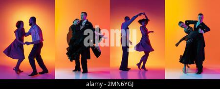 Set con immagini di uomini e donne eleganti che ballano in abiti luminosi su sfondo colorato nella sala da ballo in luce al neon. Collage Foto Stock