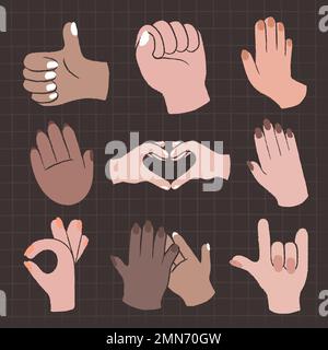 Insieme di gesti di mano di uguaglianza, adesivi vettoriali di persone diverse Illustrazione Vettoriale