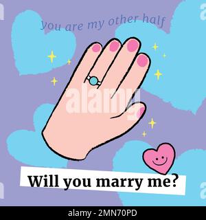 Cute Doodle modello di proposta di impegno, mi sposerete? Per Instagram post Vector Illustrazione Vettoriale
