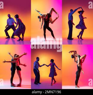 Set con immagini di uomini e donne eleganti che ballano in abiti luminosi su sfondo colorato nella sala da ballo in luce al neon. Collage Foto Stock