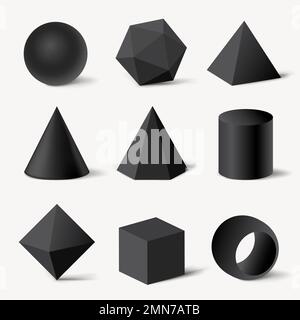 Forme geometriche con rendering 3D, set vettoriale minimalista con elementi neri Illustrazione Vettoriale