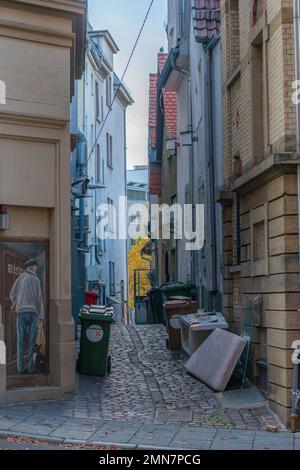 Strada stretta nella storica Bohnenviertel, centro città, Stoccarda, Baden Wuerttemberg, Germania meridionale, Europa centrale Foto Stock