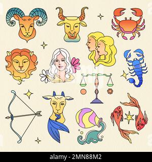 Segni zodiacali, colorato doodle arte collage elemento collezione vettore Illustrazione Vettoriale