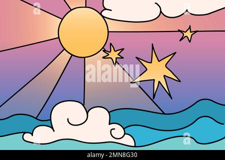 Sfondo estetico sole oceano, Doodle disegno vettore illustrazione Illustrazione Vettoriale