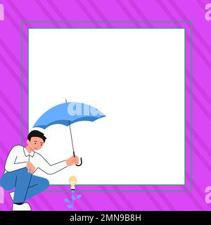 Yung uomo che tiene l'ombrello seduto e guardando la rosa. Salva il fiore dalla pioggia. Spazio vuoto per il testo su sfondo colorato. Nuovo di zecca Illustrazione Vettoriale