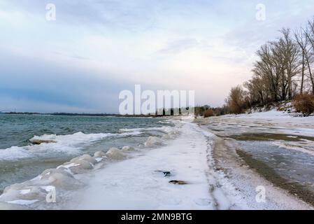 Il primo ghiaccio debole sorge in onde dalla corrente d'acqua vicino alla riva della foresta. Foto Stock