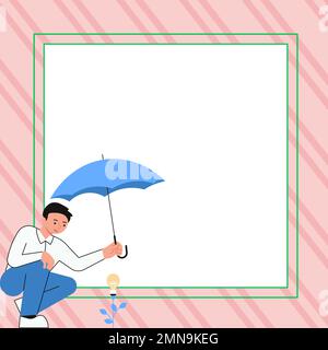 Yung uomo che tiene l'ombrello seduto e guardando la rosa. Salva il fiore dalla pioggia. Spazio vuoto per il testo su sfondo colorato. Nuovo di zecca Illustrazione Vettoriale