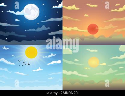 Vector diversi cartoni animati cielo mattina, giorno, sera e notte con nuvole, sole e sfondo lunare. Illustrazione Vettoriale