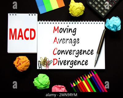 Simbolo MACD. Concetto di parole MACD Moving Average Convergence divergenza su nota bianca su bellissimo sfondo nero. Business MACD commovente media server Foto Stock