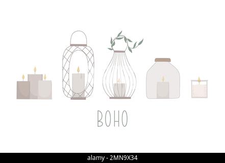 Set di lanterne intime con illustrazione a candela vettoriale. Lampade beige boho disegnate a mano. Illustrazione Vettoriale