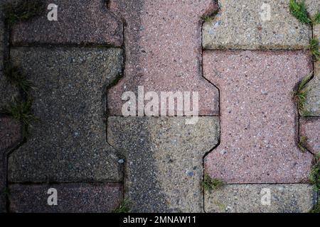 pavimentazione da giardino percorso pavimentato lastre di pavimento interblocco mezzo pulito e sporco dopo una pulizia anti-schiuma Foto Stock