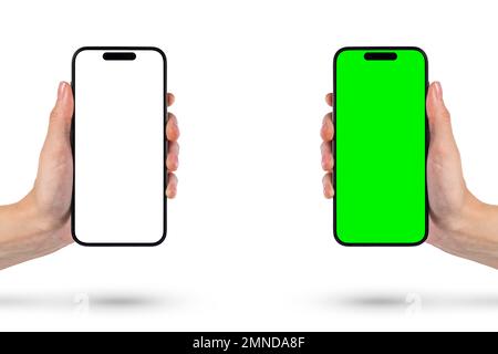 Telefono in mano su sfondo bianco. La mano di una donna tiene in mano un nuovo telefono moderno su uno sfondo bianco con uno schermo bianco. Smartphone Foto Stock