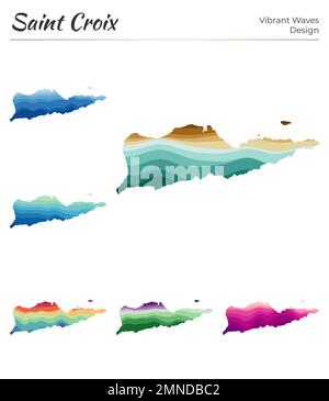 Set di mappe vettoriali di Saint Croix. Design a onde vibranti. Mappa luminosa dell'isola in stile geometrico con curve lisce. Mappa multicolore di Saint Croix per il vostro Illustrazione Vettoriale