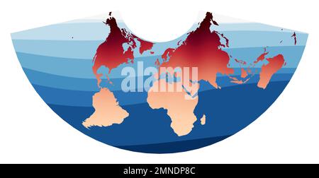 Vettore mappa mondiale. Proiezione ad area uguale conica di Albers. Mondo in gradiente rosso arancio sulle onde blu profonde dell'oceano. Potente illustrazione vettoriale. Illustrazione Vettoriale