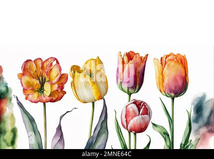 Un set di tulipani dipinti in acquerello Foto Stock