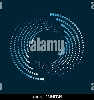 Un cerchio blu di mezzitoni punteggiati su uno sfondo blu scuro. Elemento di disegno astratto. Illustrazione Vettoriale