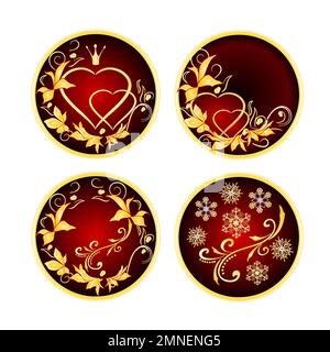 Bottoni rossi con ornamenti dorati cuori con foglie dorate vintage vettoriale illustrazione modificabile mano disegno Illustrazione Vettoriale