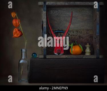 Vita morta con i physalis in bottiglia di vetro, palla di vetro, tenaglia, mandarino e incenso, foto studio, fondo scuro Foto Stock