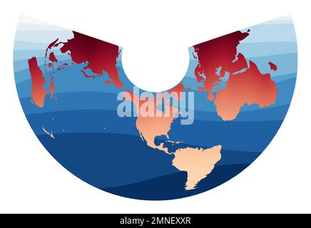 Vettore mappa mondiale. Proiezione conica ad area uguale di Albers. Mondo in gradiente rosso arancio sulle onde blu profonde dell'oceano. Illustrazione vettoriale artistica. Illustrazione Vettoriale