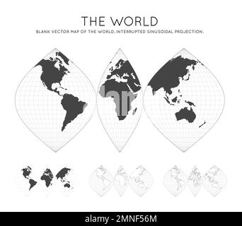 Mappa del mondo. Proiezione sinusoidale interrotta. Globo con linee di latitudine e longitudine. Mappa mondiale su meridiani e paralleli sfondo. Vettore Illustrazione Vettoriale