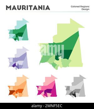 Collezione di mappe della Mauritania. Confini della Mauritania per la vostra infografica. Regioni di paese colorate. Illustrazione vettoriale. Illustrazione Vettoriale