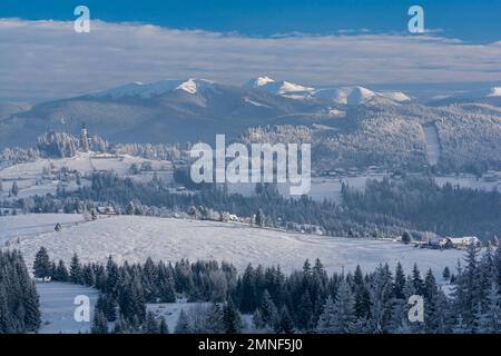 Neve coperta montagne Carpazi in inverno. Passo Tihuta Piatra Fantanele Romania Foto Stock