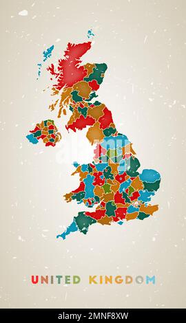 Mappa del Regno Unito. Poster del paese con aree colorate. Vecchio grunge texture. Illustrazione vettoriale del Regno Unito con nome del paese. Illustrazione Vettoriale