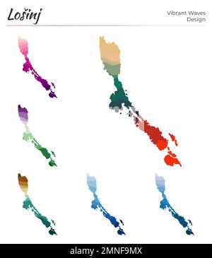 Set di mappe vettoriali di Losinj. Design dalle onde vibranti. Mappa luminosa dell'isola in stile geometrico con curve lisce. Mappa Losinj multicolore per il tuo progetto. Illustrazione Vettoriale