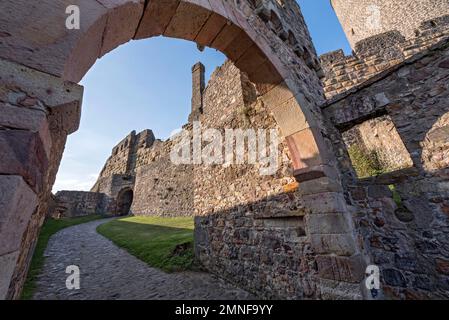 Porta centrale con cancello del castello esterno, porta del castello sul retro, rovine del castello medievale Stauferburg Muenzenberg, anche Muenzenburg Foto Stock