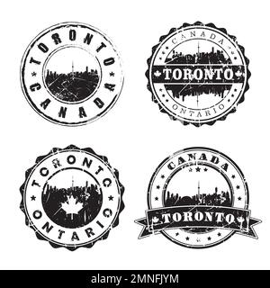 Marchio postale Toronto Ontario Stamp Skyline. Passaporto postale Silhouette. Set di icone vettore circolare città. Affrancatura vintage Illustrazione Vettoriale