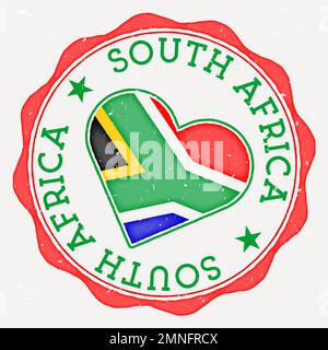 Logo della bandiera del cuore del Sudafrica. Testo del nome del paese intorno alla bandiera del Sudafrica a forma di cuore. Illustrazione vettoriale accurata. Illustrazione Vettoriale