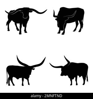 silhouette di texas longhorn vettoriali su sfondo bianco Illustrazione Vettoriale