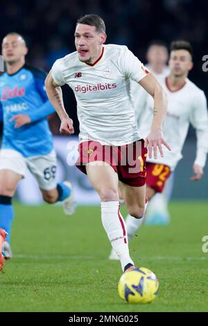 Napoli, Italia. 29th Jan, 2023. Andrea Belotti di AS Roma durante la Serie Un match tra Napoli e Roma allo Stadio Diego Armando Maradona, Napoli, Italia il 29 gennaio 2023. Credit: Giuseppe Maffia/Alamy Live News Foto Stock