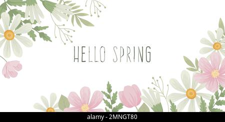 Ciao sfondo primaverile con fiori fioriti. Banner con decorazione floreale, piante dolci fiorite, foglie, petali. Delicato floristico orizzontale Illustrazione Vettoriale