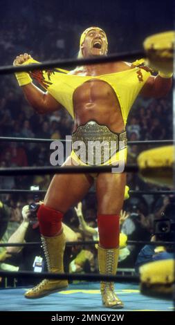 **FOTO DEL FILE** Hulk Hogan riferito non può ritenere il corpo inferiore dopo la chirurgia della schiena. Hulk Hogan, 1990, Foto di John Barrett/PHOTOlink /MediaPunch Foto Stock