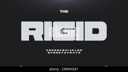 Alfabeto pesante grasso, lettere sans serif quadrate, carattere grassetto largo per il logo rigido dello sport, titolo robusto, tipografia dura, disegno di gioco di lotta e dell'automobile Illustrazione Vettoriale